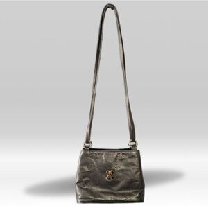 Vintage 80s USA metallic leather silver gold long strap crossbody shoulder purse